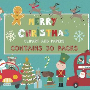 Merry Christmas Bundle 30 Packs, Snowy Night, Santa Tours Paper, Holiday Town